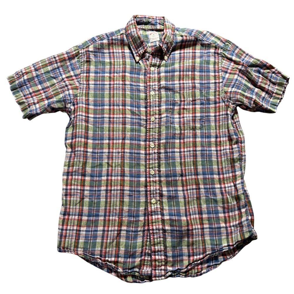 Brooks Brothers Button Down Men M Multi Plaid 100% Linen Short Sleeve 346 Shirt
